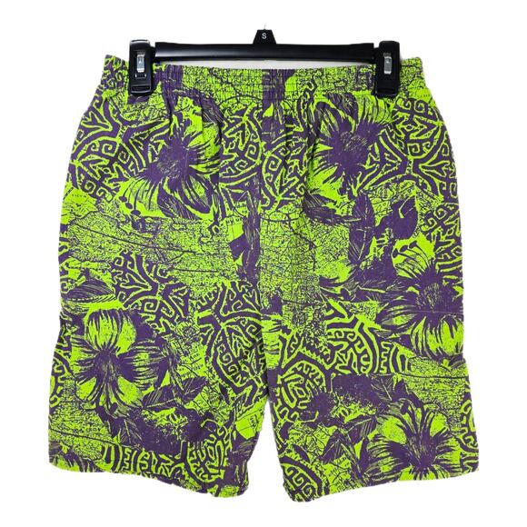 Vintage 90s Surf Gear Floral Neon Cotton Swim Board Shorts Size Medium USA Made - Picture 1 of 9